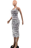 White Womne Fashion Letter Printing Tight Midi Dress KKY80050-1
