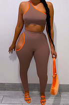 Coffee Euramerican Women Fashion One Shoulder Off Shoulder Pure Color Pants Sets AA5264-1