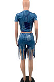 Blue Women Trendy Printing Tassel Shorts Casual Two-Pieces KKY80048-1