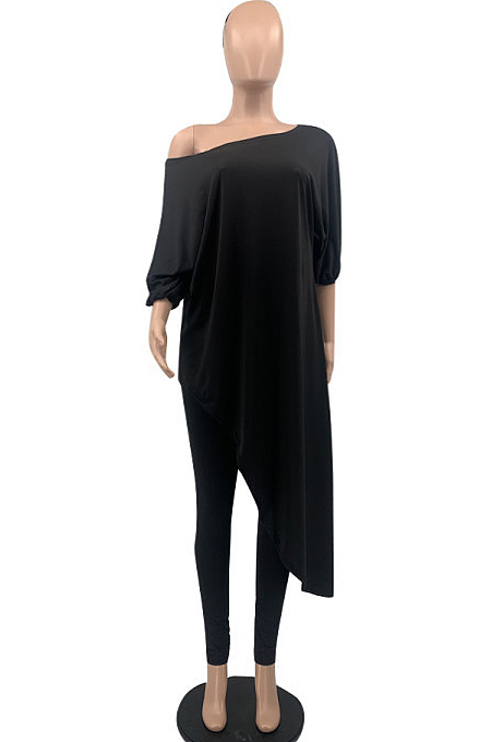 Black Losse Pure Color Inclined Shoulder Casual Spring Autumn Two Piece QSS51021-1