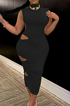 Black Fashion Sexy Sleveeless Shoulder pads Broadside Hole Long Dress WY6809-1