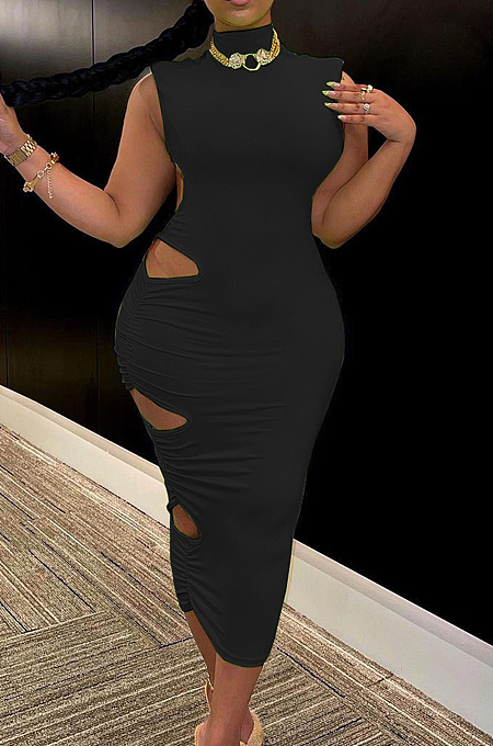 Black Fashion Sexy Sleveeless Shoulder pads Broadside Hole Long Dress WY6809-1