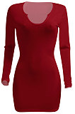 Dark Red Women Deep V Neck Tight Sexy Long Sleeve Mini Dress Q912-1