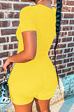Yellow Women Pure Color Screw Thread Hollow Out Sexy Jumpsuit Shorts Sets Q905-3