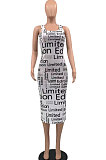 White Womne Fashion Letter Printing Tight Midi Dress KKY80050-1