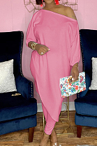 Pink Losse Pure Color Inclined Shoulder Casual Spring Autumn Two Piece QSS51021-5