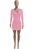 Pink Women Deep V Neck Tight Sexy Long Sleeve Mini Dress Q912-3