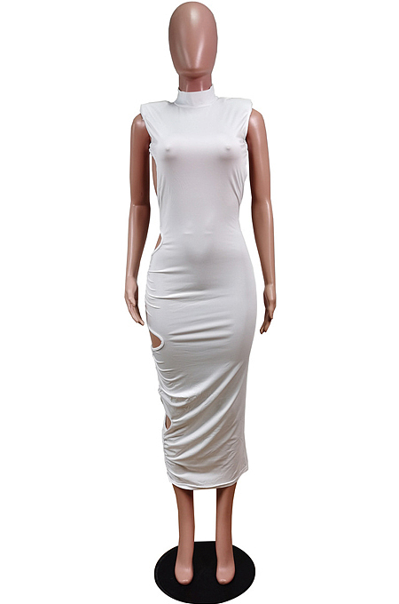 White Fashion Sexy Sleveeless Shoulder pads Broadside Hole Long Dress WY6809-2