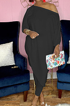 Black Losse Pure Color Inclined Shoulder Casual Spring Autumn Two Piece QSS51021-1