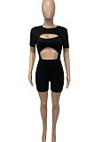 Black Women Pure Color Screw Thread Hollow Out Sexy Jumpsuit Shorts Sets Q905-1