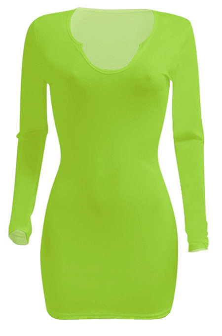 Neon Green Women Deep V Neck Tight Sexy Long Sleeve Mini Dress Q912-6