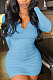 Sky Blue Women Deep V Neck Tight Sexy Long Sleeve Mini Dress Q912-7