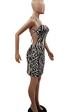 Women Stripe Leopard Temperament Sexy Condole Belt Mini Dress GB8025