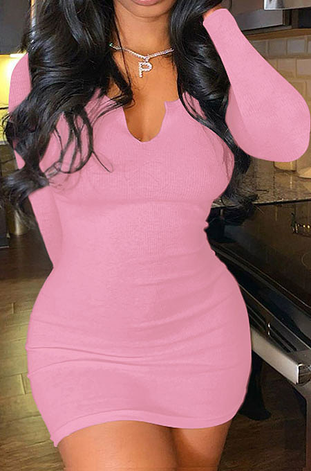 Pink Women Deep V Neck Tight Sexy Long Sleeve Mini Dress Q912-3