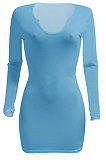 Sky Blue Women Deep V Neck Tight Sexy Long Sleeve Mini Dress Q912-7
