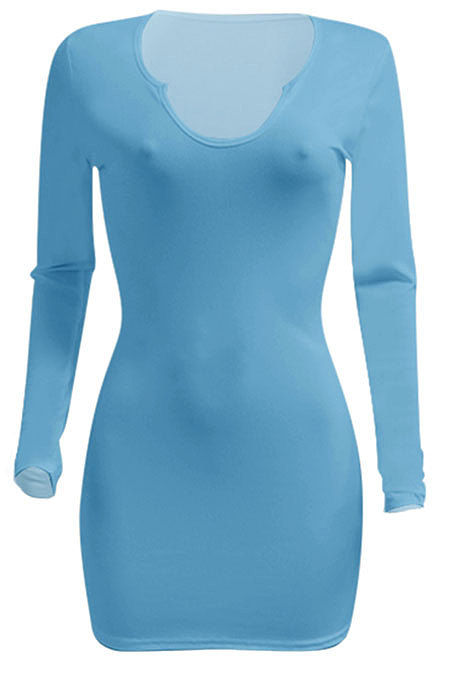 Sky Blue Women Deep V Neck Tight Sexy Long Sleeve Mini Dress Q912-7