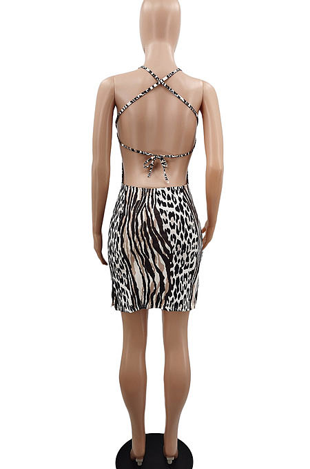 Women Stripe Leopard Temperament Sexy Condole Belt Mini Dress GB8025
