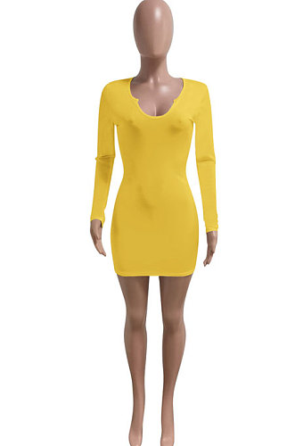 Yellow Women Deep V Neck Tight Sexy Long Sleeve Mini Dress Q912-4