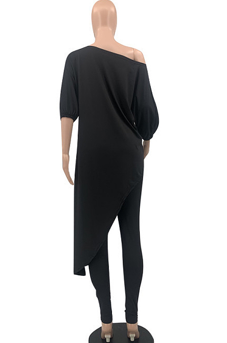 Black Losse Pure Color Inclined Shoulder Casual Spring Autumn Two Piece QSS51021-1