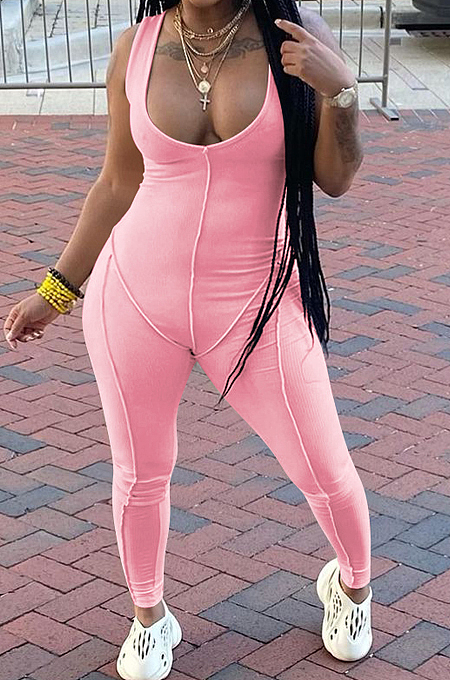 Pink Sexy Casual Pit Bar Bodycon Jumpsuits MLL174-3