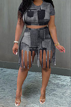 Black Women Trendy Printing Tassel Shorts Casual Two-Pieces KKY80048-2