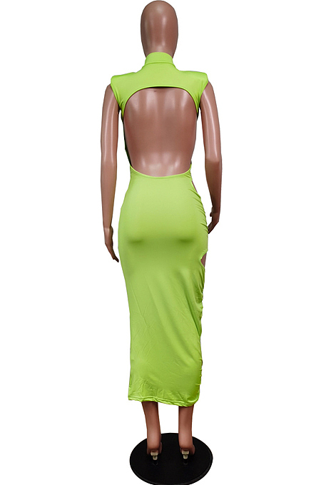 Green Fashion Sexy Sleveeless Shoulder pads Broadside Hole Long Dress WY6809-3