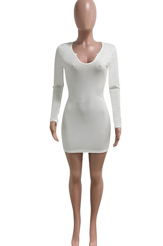 White Women Deep V Neck Tight Sexy Long Sleeve Mini Dress Q912-2