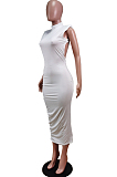 White Fashion Sexy Sleveeless Shoulder pads Broadside Hole Long Dress WY6809-2