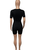 Black Women Pure Color Screw Thread Hollow Out Sexy Jumpsuit Shorts Sets Q905-1