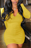 Yellow Women Deep V Neck Tight Sexy Long Sleeve Mini Dress Q912-4
