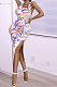 Condole Belt Open Fork Ruffle Printing Women Midi Dress GB8016