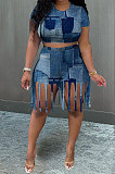 Blue Women Trendy Printing Tassel Shorts Casual Two-Pieces KKY80048-1