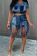 Blue Women Trendy Printing Tassel Shorts Casual Two-Pieces KKY80048-1
