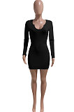 Black Women Deep V Neck Tight Sexy Long Sleeve Mini Dress Q912-5