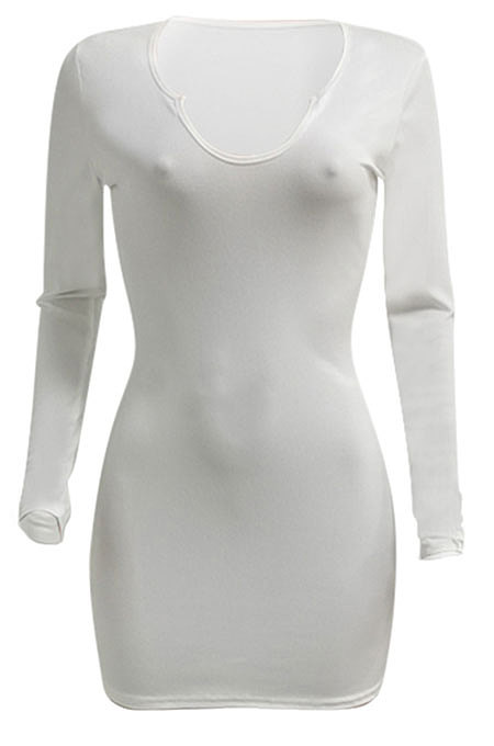 White Women Deep V Neck Tight Sexy Long Sleeve Mini Dress Q912-2