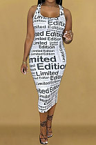 White Womne Fashion Letter Printing Tight Midi Dress KKY80050-1