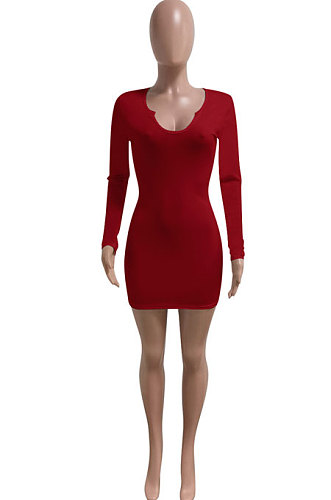 Dark Red Women Deep V Neck Tight Sexy Long Sleeve Mini Dress Q912-1