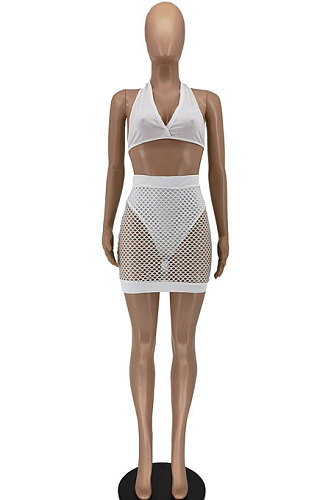 White Euramerican Women Trendy Pure Color Mesh Skirts Sets AA5257-1