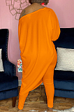 Orange Losse Pure Color Inclined Shoulder Casual Spring Autumn Two Piece QSS51021-3