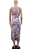 Condole Belt Open Fork Ruffle Printing Women Midi Dress GB8016