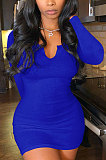 Blue Women Deep V Neck Tight Sexy Long Sleeve Mini Dress Q912-8