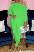 Neon Green Losse Pure Color Inclined Shoulder Casual Spring Autumn Two Piece QSS51021-4