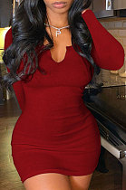 Dark Red Women Deep V Neck Tight Sexy Long Sleeve Mini Dress Q912-1
