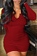 Dark Red Women Deep V Neck Tight Sexy Long Sleeve Mini Dress Q912-1