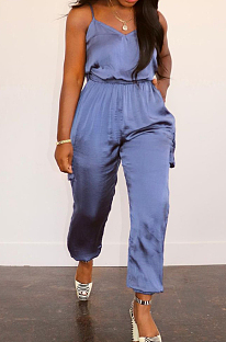 Peacock Blue  Euramerican Women Sling Have Pocket Elastic Pure Color Jumpsuits JC7060-2