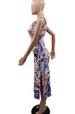 Condole Belt Open Fork Ruffle Printing Women Midi Dress GB8016