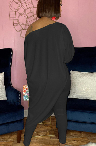 Black Losse Pure Color Inclined Shoulder Casual Spring Autumn Two Piece QSS51021-1