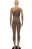 Coffee Euramerican Women Fashion One Shoulder Off Shoulder Pure Color Pants Sets AA5264-1