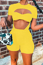 Yellow Women Pure Color Screw Thread Hollow Out Sexy Jumpsuit Shorts Sets Q905-3