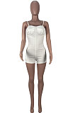 White Women Sexy Pure Color Condole Belt Zipper Double Pocket Romper Shorts MOL166-1